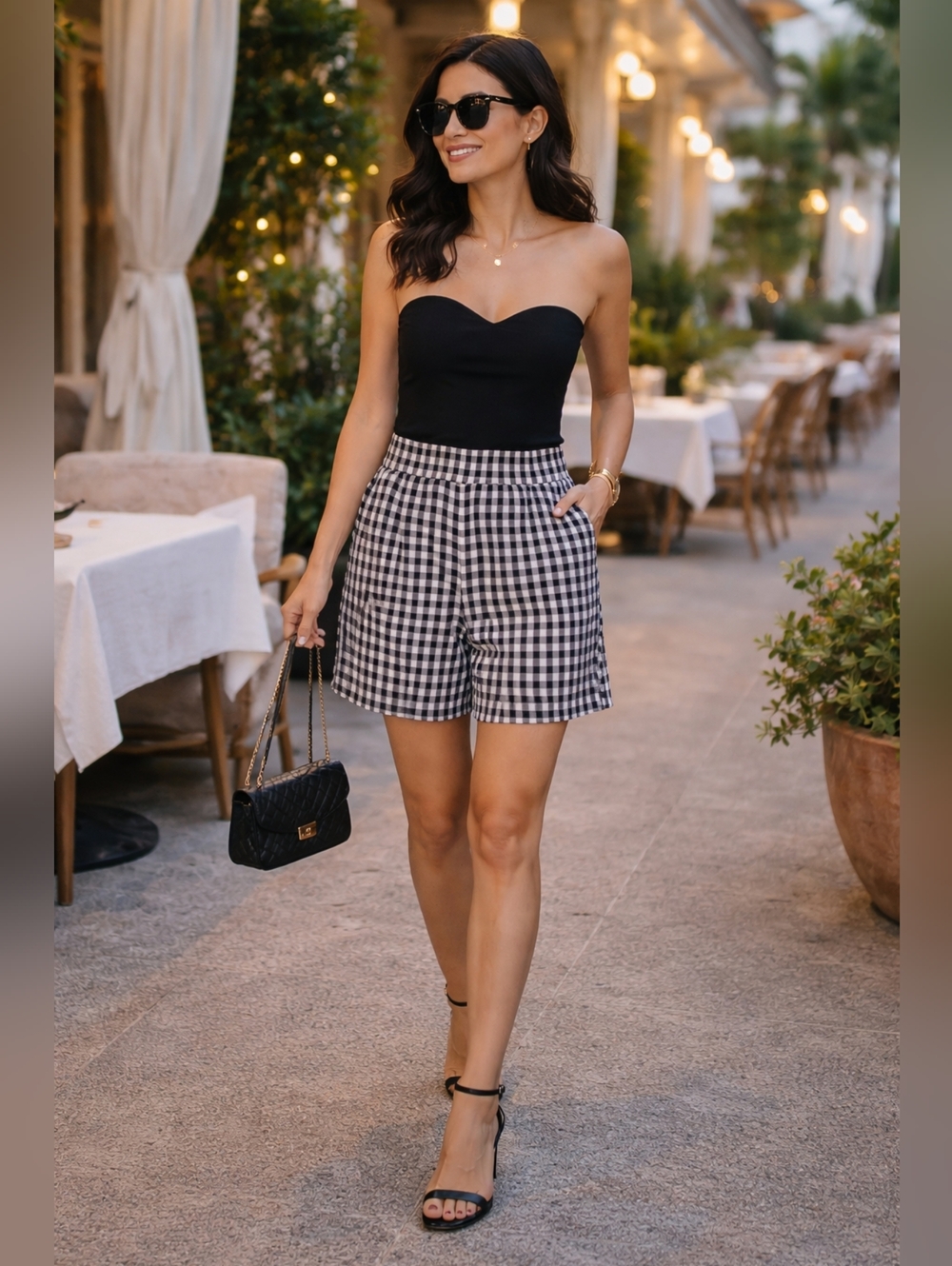 Black White Gingham Bermuda Shorts XXL High Rise Stretch Pull On Casual Chic Sum
